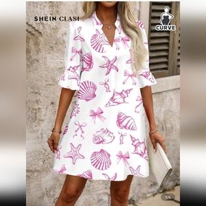 Plus Women's White and Pink Shell Dress